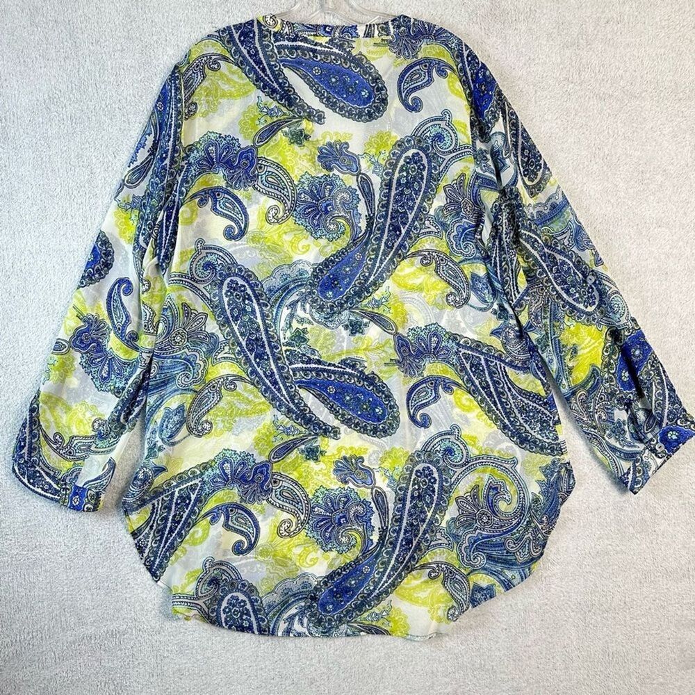 Chico's 2 Large Arielle Paisley Roll Sleeve Sheer Pullover Tunic Top - Picture 2 of 16